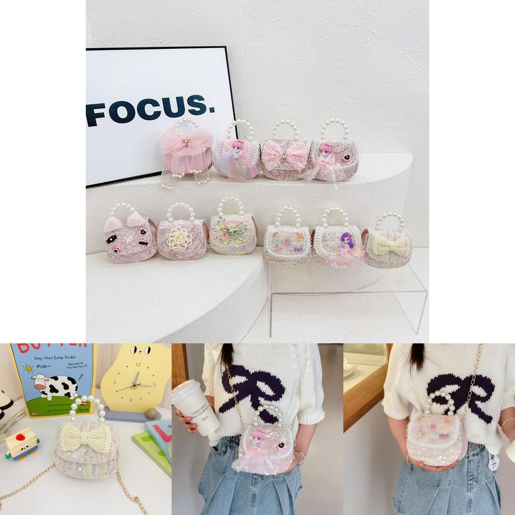 Charming Pink Bow Sequin Girls Shoulder Bag With Pearl Chain For Kids Fashion
