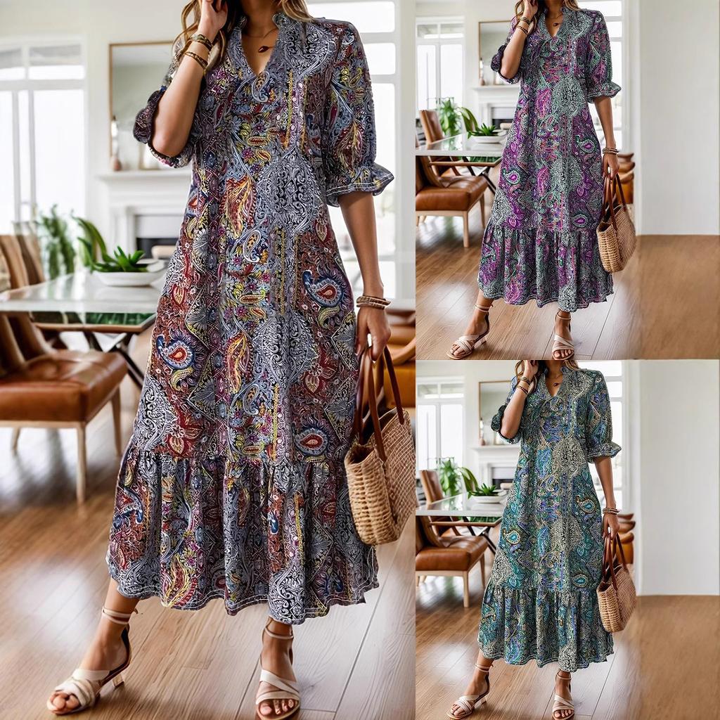 Women's Ruffled Dress Ethnic Style Printed Short-sleeved V-neck Loose Plus Size Long Dress