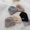 Korean Style Rabbit Fur Knitted Label Hat for Autumn and Winter Thickened To Show Face  Small Ear Protection Couple's All Match Pullover Hat