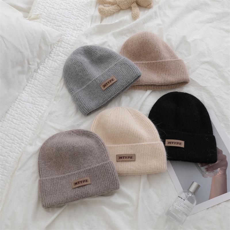 Korean Style Rabbit Fur Knitted Label Hat for Autumn and Winter Thickened To Show Face  Small Ear Protection Couple's All Match Pullover Hat