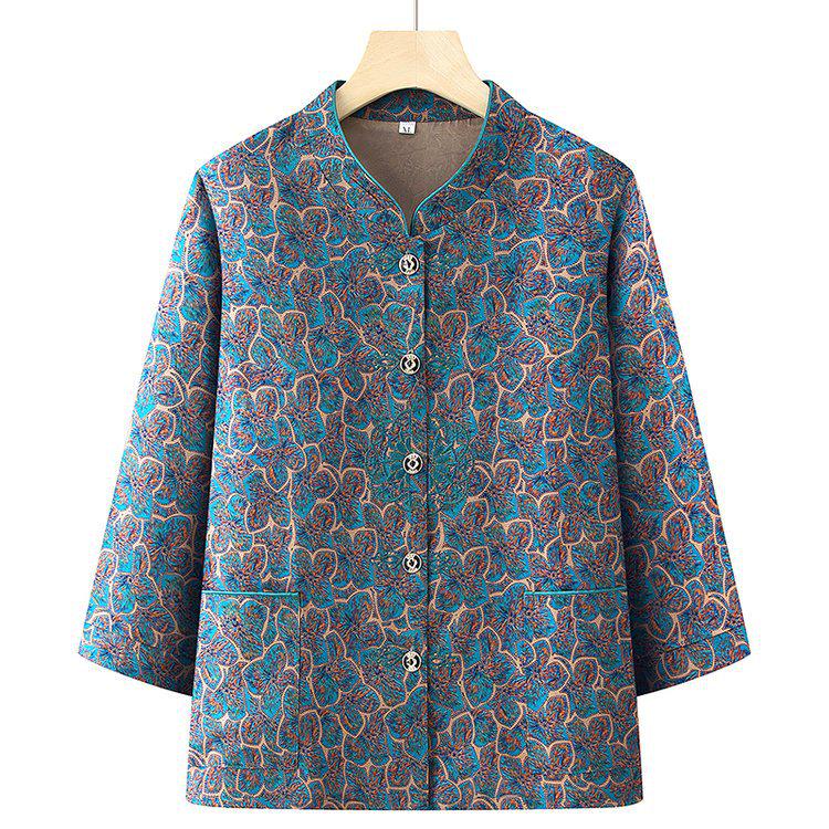 

New Arrival: Women s Patterned Stand Collar 3/4 Sleeve Shirt - Perfect for Spring & Autumn 3XL (suggested 60-67.5 kg) синій