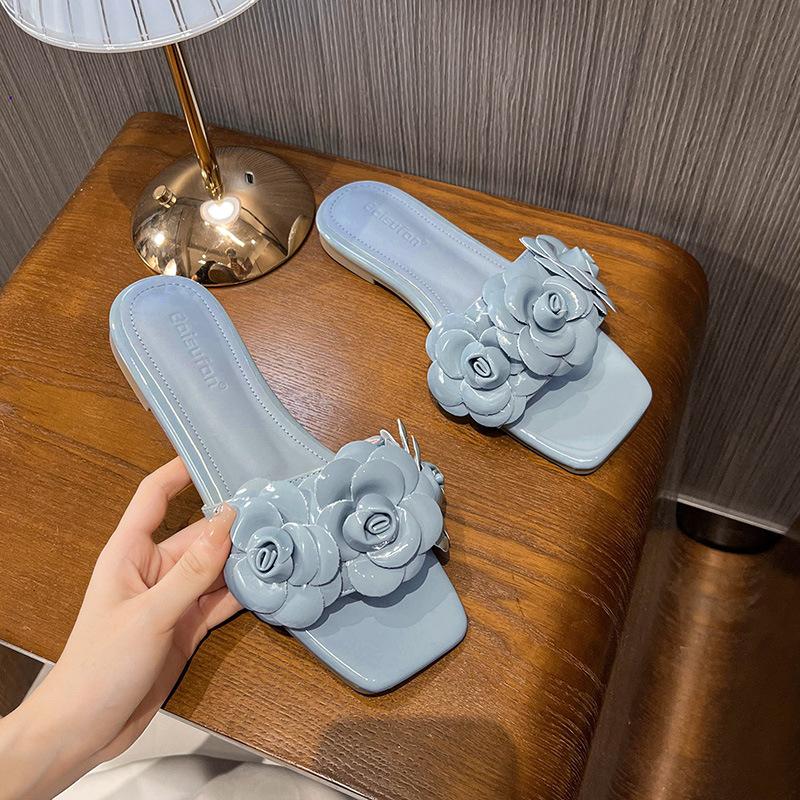 Fashion designer camellia slippers women black white mixed color slides shoes ladies flower decoration flip flops floral sandalias mujer