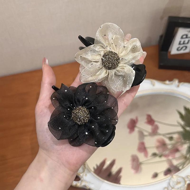 Korean Style Rhinestone Flower Top Knot Claw Clip for Women - 2025 Hairpin Headwear Fashion