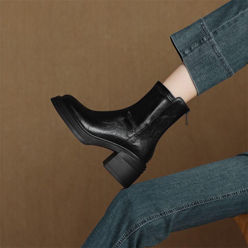 French small black short boots small thick-soled heightening Martin boots autumn and winter velvet high-heeled thin boots