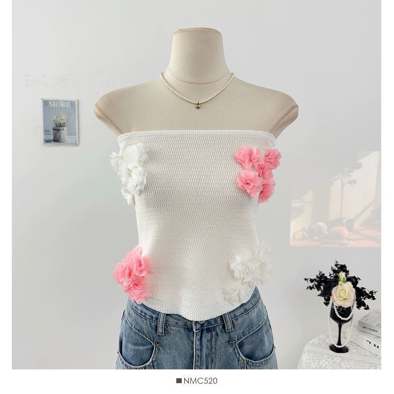 

Майка без бретелек с коротким облегающим топом с трехмерным цветочным принтом One size белый