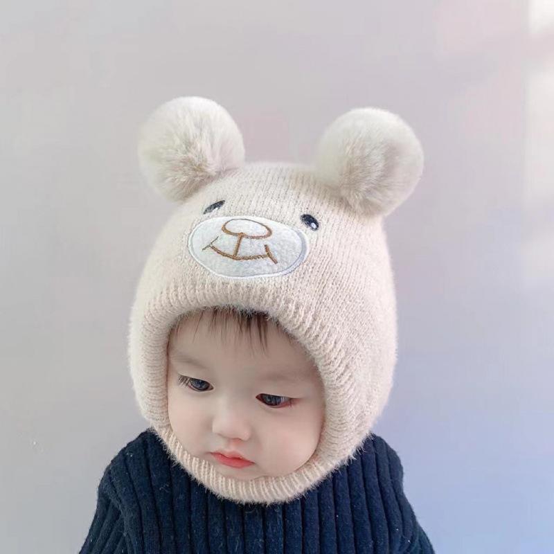 Leuke cartoon beer babymutsje sjaal winter warm dubbele pompom oorbescherming hoeden motorkap pasgeboren peuter jongen meisje mutsen