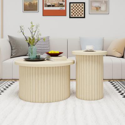 Rundes Kaffeetisch-Set im 2er-Pack mit natürlicher Holzoptik und welliger Struktur - integrierter Beistelltisch, ideal für Wohnzimmer, Schlafzimmer, Arbeitszimmer oder Büro