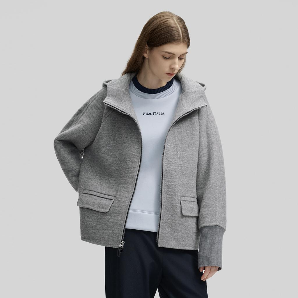 FILA Solid Color Wool Blend Hooded Fleece Jacket Women outerwear Cloud-Pattern-Gray F11W444704FMG