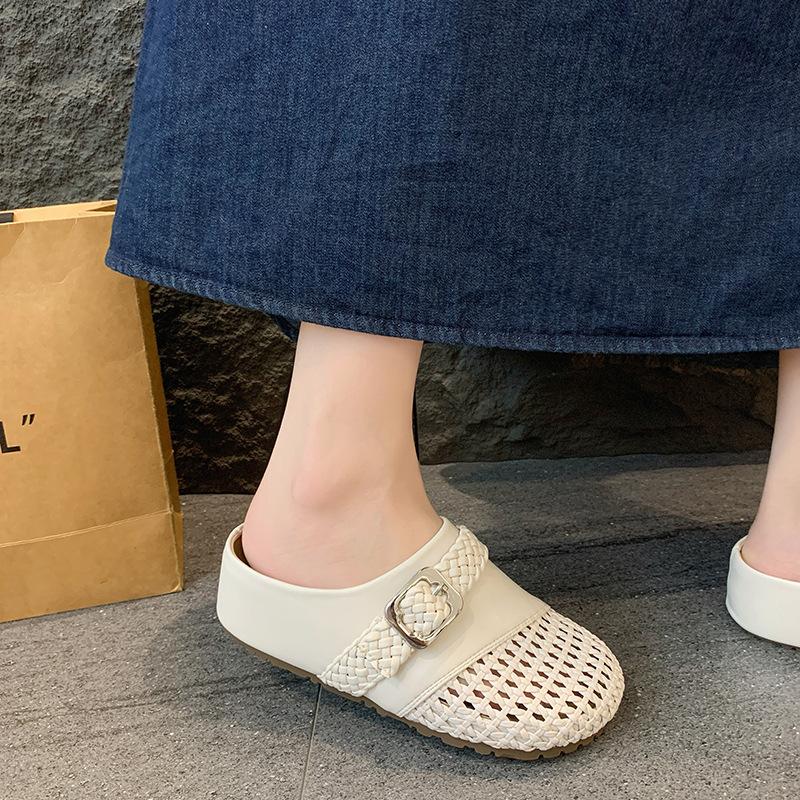 Woven hollow bag head half slippers women's summer outer wear 2025 new thick bottom inner height increase lazy one foot cool slippers