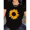 Womens Black White Sunflower Print T Shirt Short Sleeve Round Neck Casual Blouse Medium Stretch Fabric Machine Washable