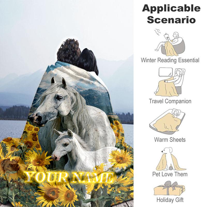 1PC Custom Name Horse Foal Sunflowers Flannel blankets Patterns Throw Blanket All-Season Soft Gift for Couch, Bed, Camping gifts