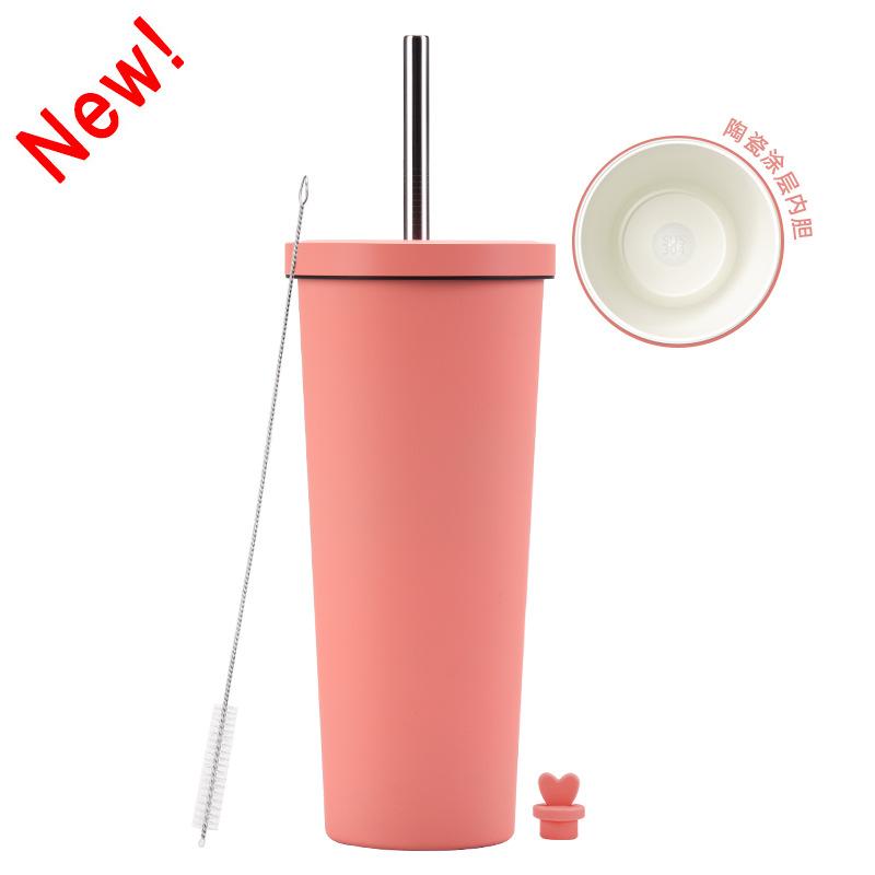2025 Ceramic Liner Milk Tea Cup Large Capacity 830Ml Thermos Cup Stainless Steel Straw Cup