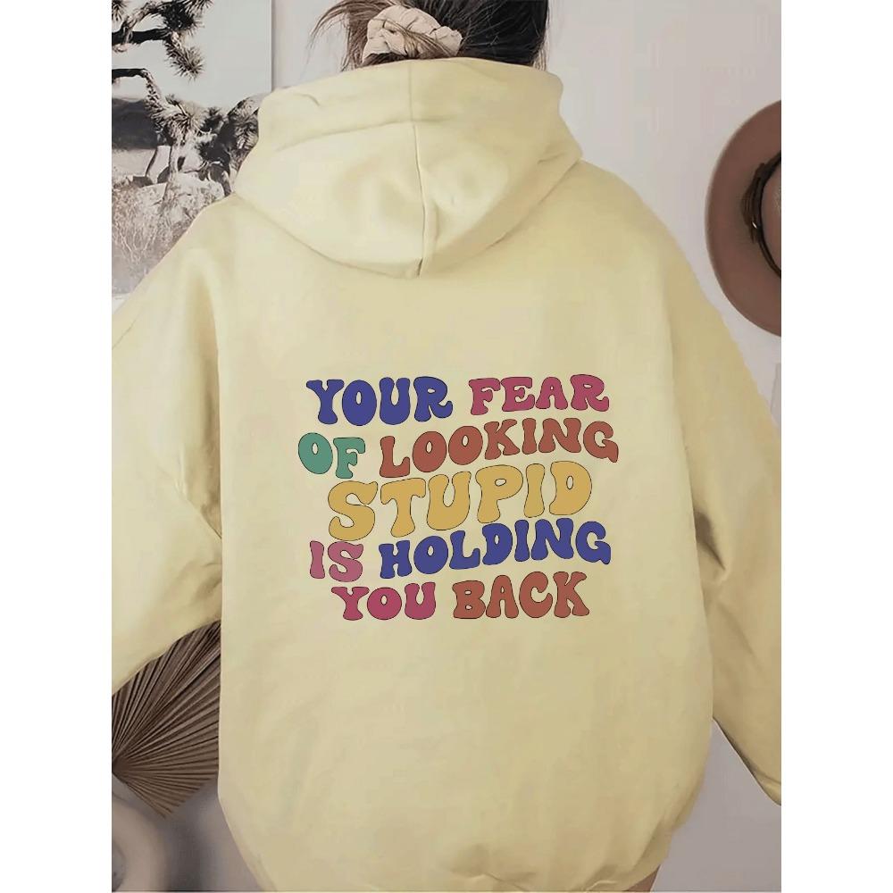 Women'S Shoulder Sleeve Fleece Sweater Plain Letter Print Kangaroo Pocket Drawstring Print Hoodie Clothing