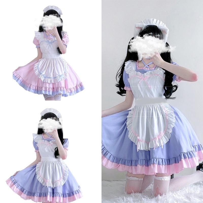 3Pcs Sweet Maid Outfit Women Anime Maid Costume Fancy Dress Cosplays Costume Maid Dress with Headwear Apron