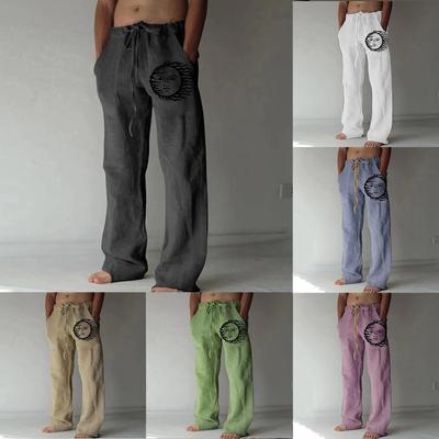 Lose, lässige, einfarbige Baumwoll-Leinen-Hose für Herren, elastische Krawatte, bedruckte gerade Hose
