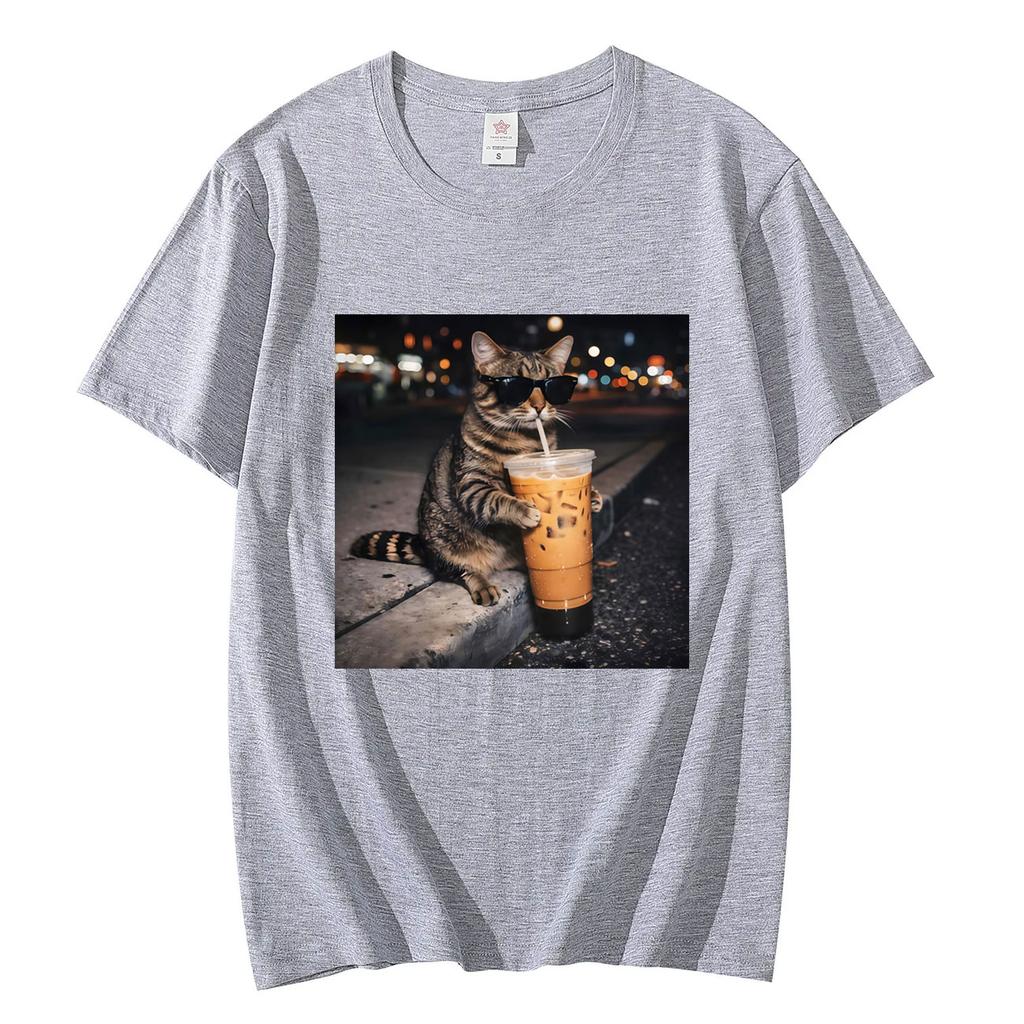 Funny Cat Drinking Coffee Meme Graphic T Shirts High Quality Fashion Short Sleeve Tshirts Men Women Casual Loose Cotton Tshirt