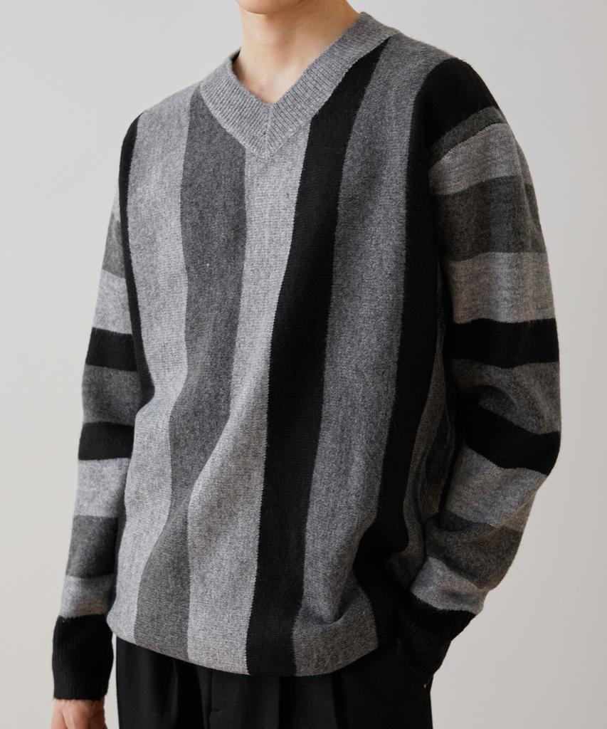TRIP LE SENS Lambswool Multi-Stripe V-Neck Knit_Gray