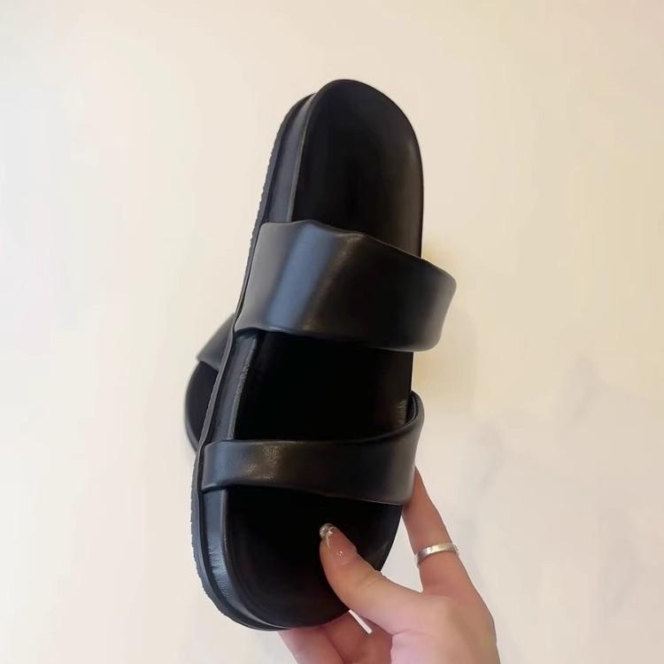 Soft Leather Version~ Summer New Niche Thick-soled One-word Cool Slippers for Women's Outer Wear Cover-toe Casual Beach Flat-bottomed Slippers for W
