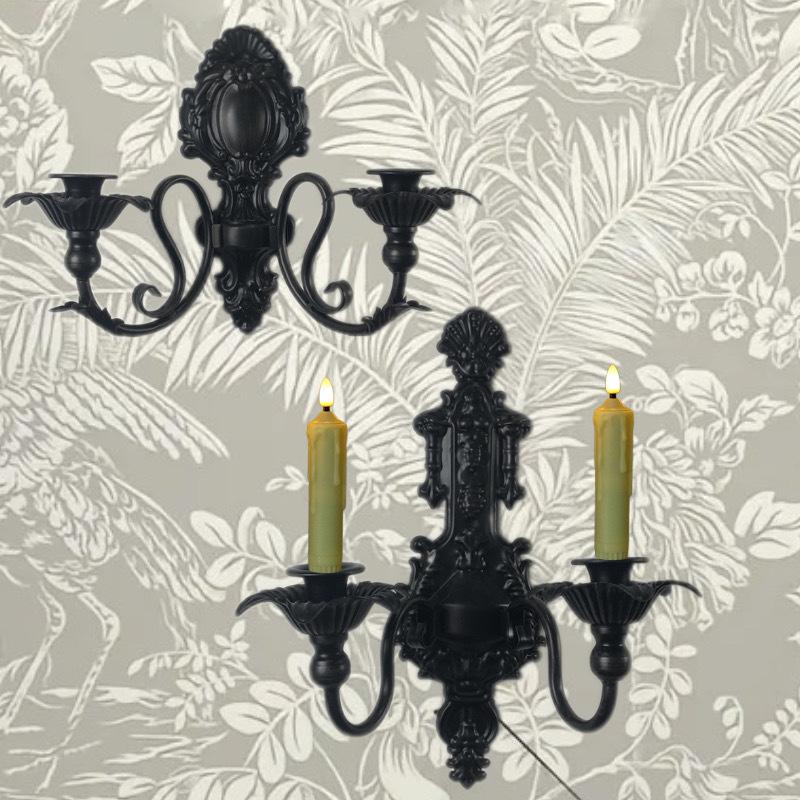Luxuriöser Vintage Schwarzer Eisen Doppelkerzenhalter Wandmontiert Rustikales Heimdekor für Esszimmer Hochzeit Beleuchtung