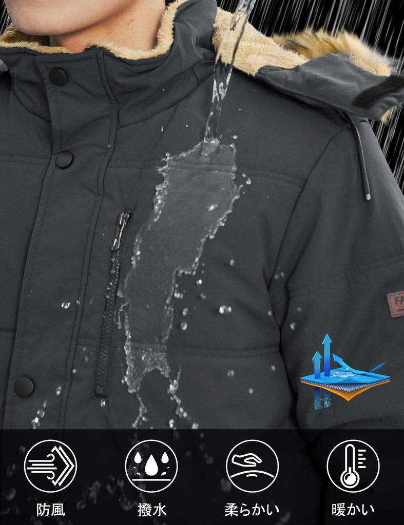 Veste d'hiver matelassée KEFITEVD avec polaire et design pour l'extérieur et le noir Taille M Col de style militaire pour homme, hydrofuge, fermeture éclair Snowboard,