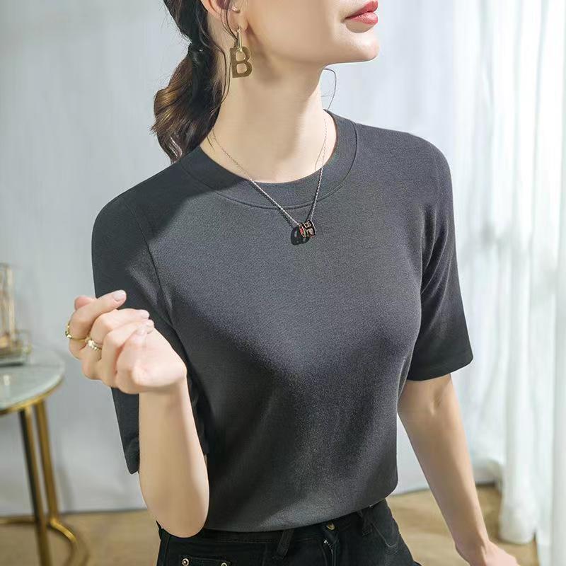 Women Mock Neck Half Sleeve Solid Silk Knit Tee Slim Fit Basic Stretchy Casual Blouse Top