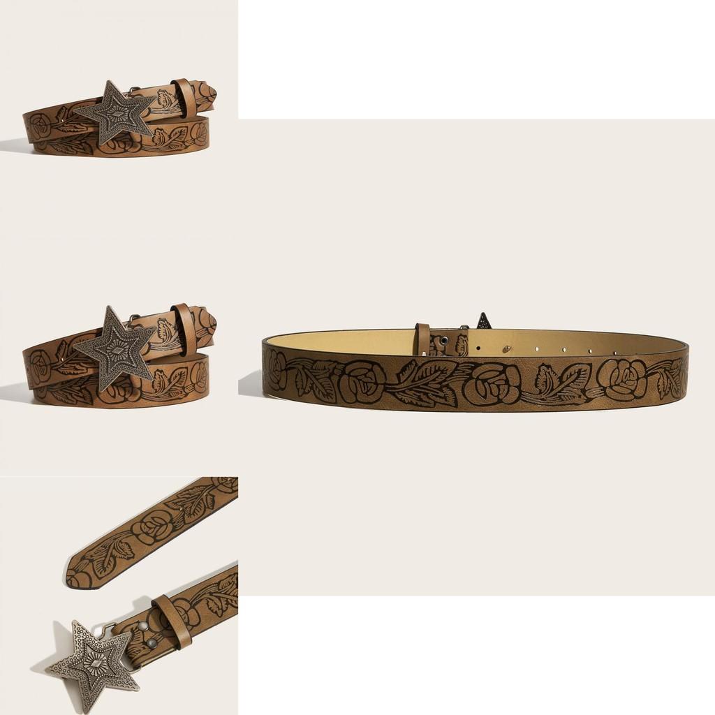 Womens Star Pattern Faux Leather Belt With Alloy Snap Buckle For Casual Wear