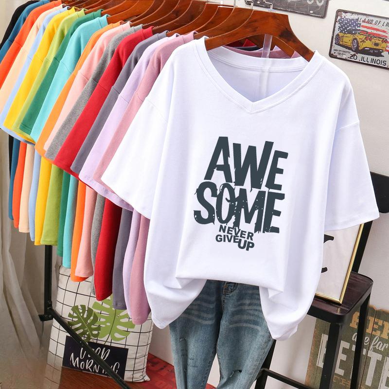 Short-sleeved T-shirt, Loose-fitting, Slimming Printed V-neck Top for Women