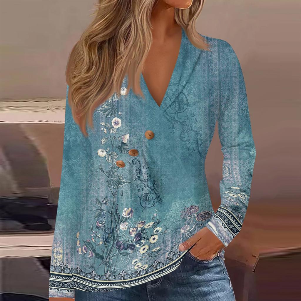 Women's T-Shirt Print V-Neck Button Ruffle Long Sleeve Top
