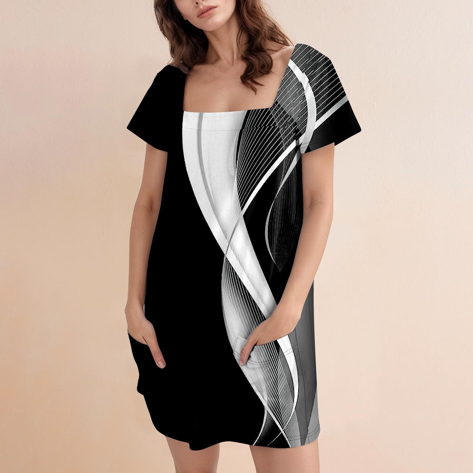 

Women s Fashion Casual Print Square Neck Short Sleeve Short Dress M чорний