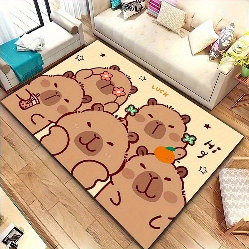 Cute Capybara Cartoon Carpet Mat Rug - Lucky Heart Pattern Home Decoration for Kids Room Living Room Playful Animal Design