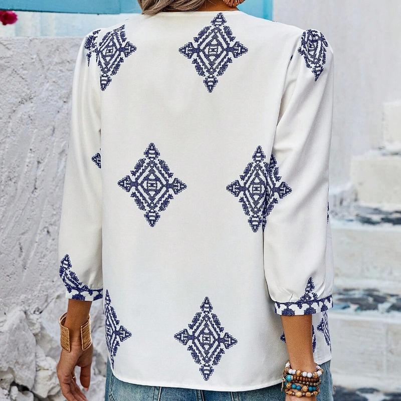 Summer New Fashion Printed V-neck Loose Blouse Women Seven Quarter Sleeve Casual Women's Shirts Tops Vintage Simple Slim Fit Female Blouses 26426