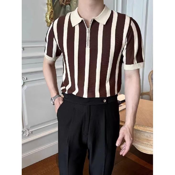 Summer Men's Knitted Short Sleeve Half-Zip Polo Shirt Korean Style Slim Fit Casual Turn-Down Collar Half Sleeve T-Shirt Base Shirt