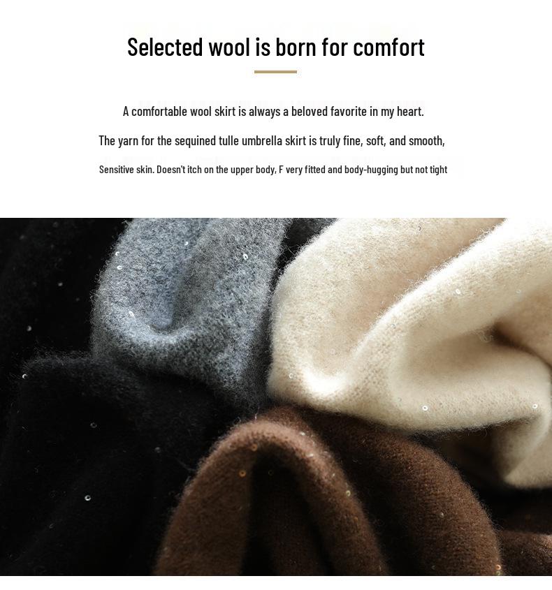 High-Waisted A-line Wool Sequin Umbrella Skirt – Mid-Length Slimming for Autumn/Winter