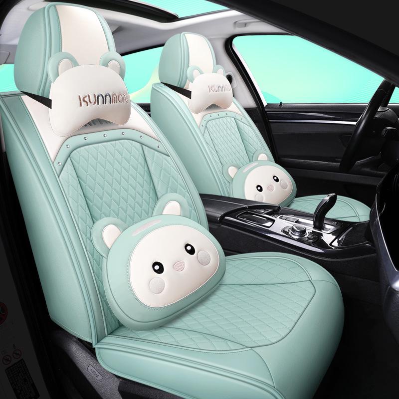 Universal Cartoon Car Seat Cover – Cute, Full-Surround Cushion for Small Cars, Fits 5-Seat Models, All-Season Use.