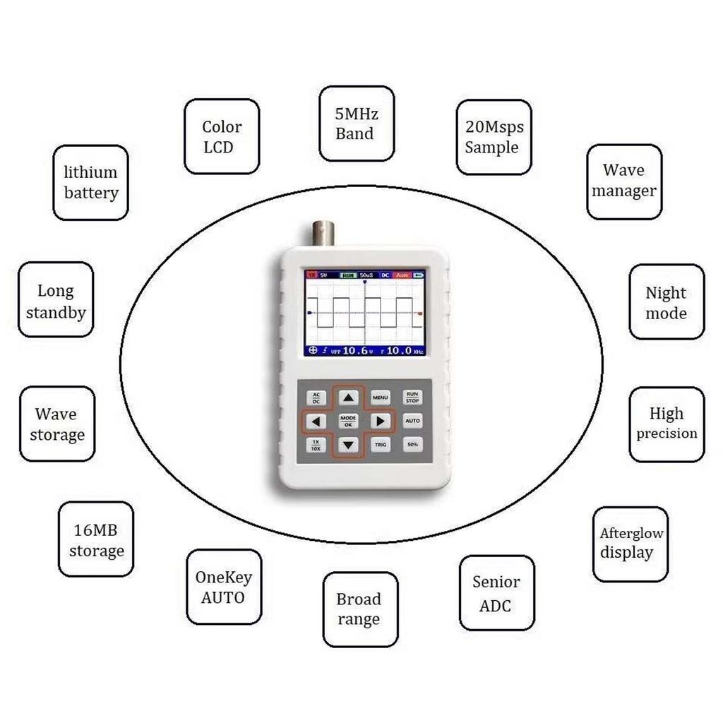 2.4 Inch LCD Digital Oscilloscope Handheld Digital Oscilloscope 5M Bandwidth 20MSps Sampling Rate