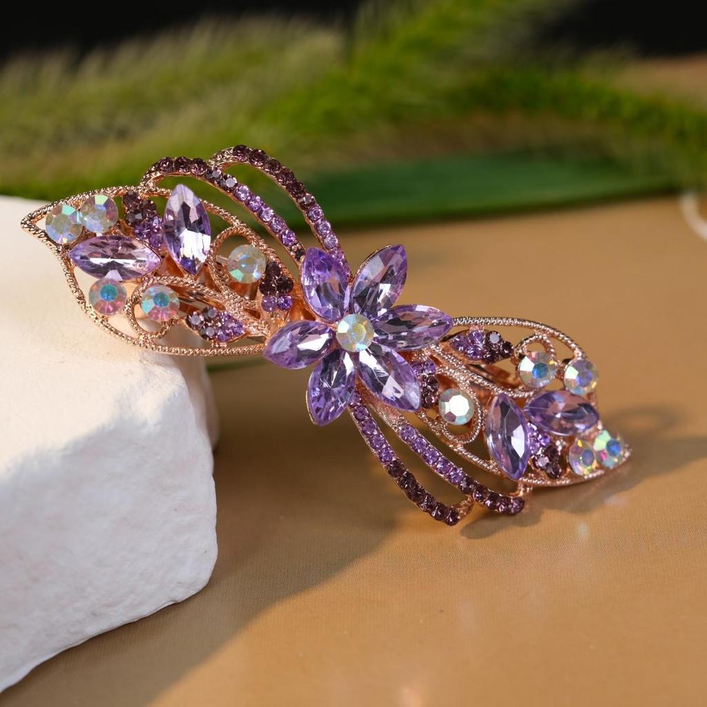 Pince à cheveux fleur strass polyvalente: Pince à ressort queue de cheval en alliage élégant pour femmes