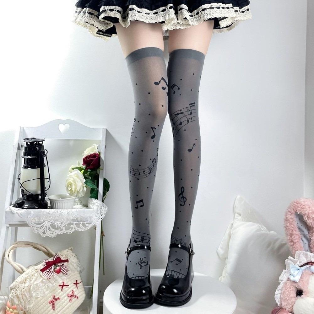 Breathable Music Note Socks Thin Black White Socks Personalized Musical Staff Stockings Cosplay Long Grey
