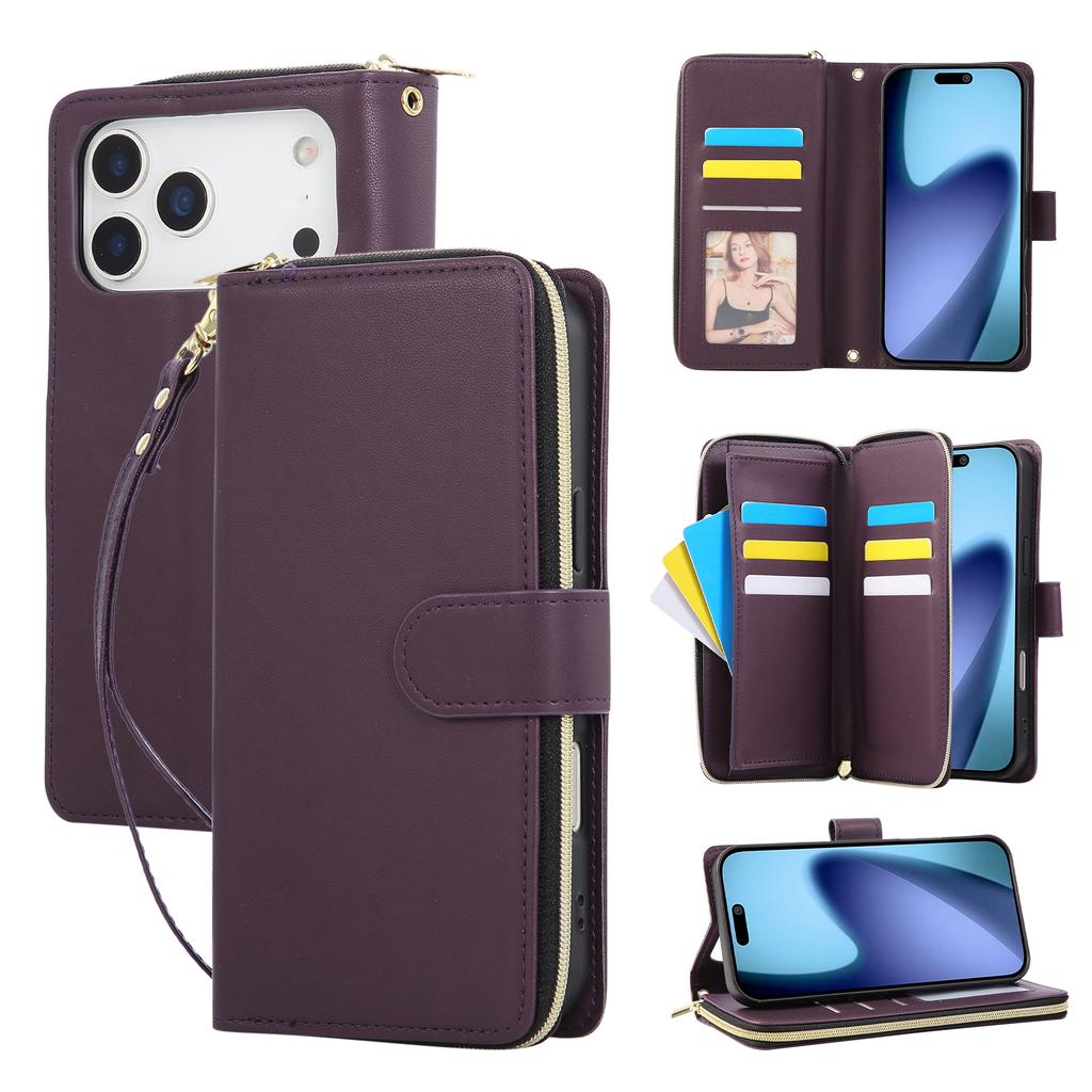 For iPhone 17 Pro Max Case 9 Card Slots Zipper Pocket PU Leather Cover with Wrist Strap