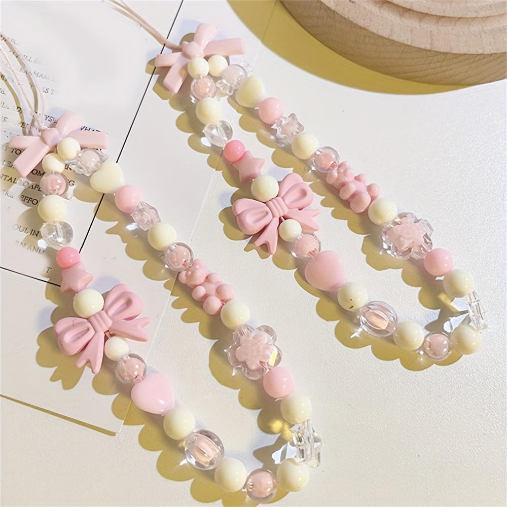 Pink Bowknot Bear Star Flower Cellphone Lanyard Phone Chains For Women Girls Sweet Pearl Phone Charm Strap Anti-lost Accessories