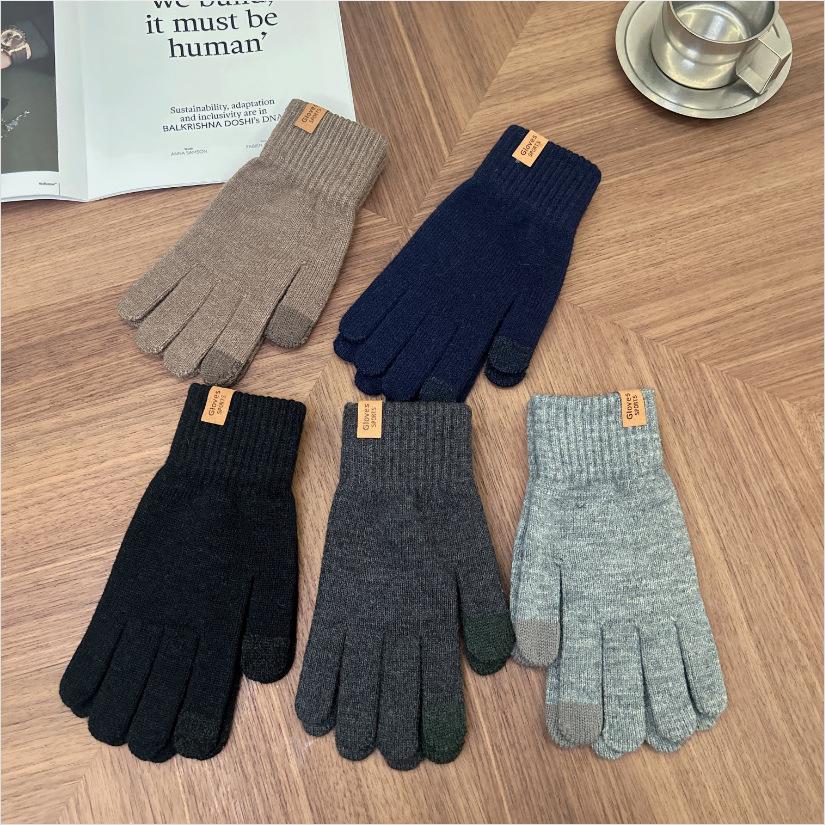 Men's Leather Label Knitted Gloves New Winter Touch Screen Plus Velvet Warm Wool Solid Color Simple and Versatile Trendy