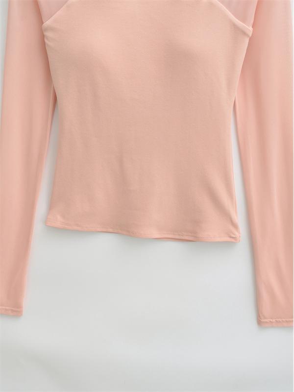 Women's Chic Sheer Mesh Spliced Long Sleeve T-shirt: Elegant Slim-fit, Sexy Base Layer Top