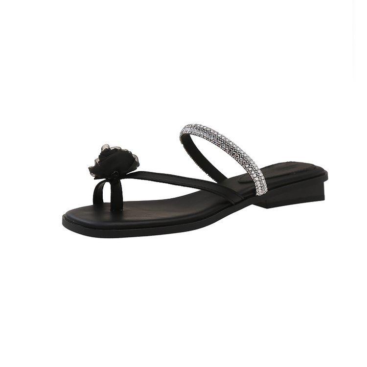 French thick heel rhinestone cool slippers women's shoes wear 2025 new summer fairy style temperament cool slippers