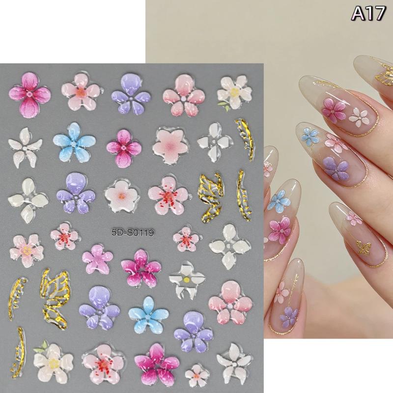 Blossom Floral Nail Stickers Bronzing 5D Spring Summer Petal Nail Appliques Flowers Nail Charms DIY For Manicure Decoration