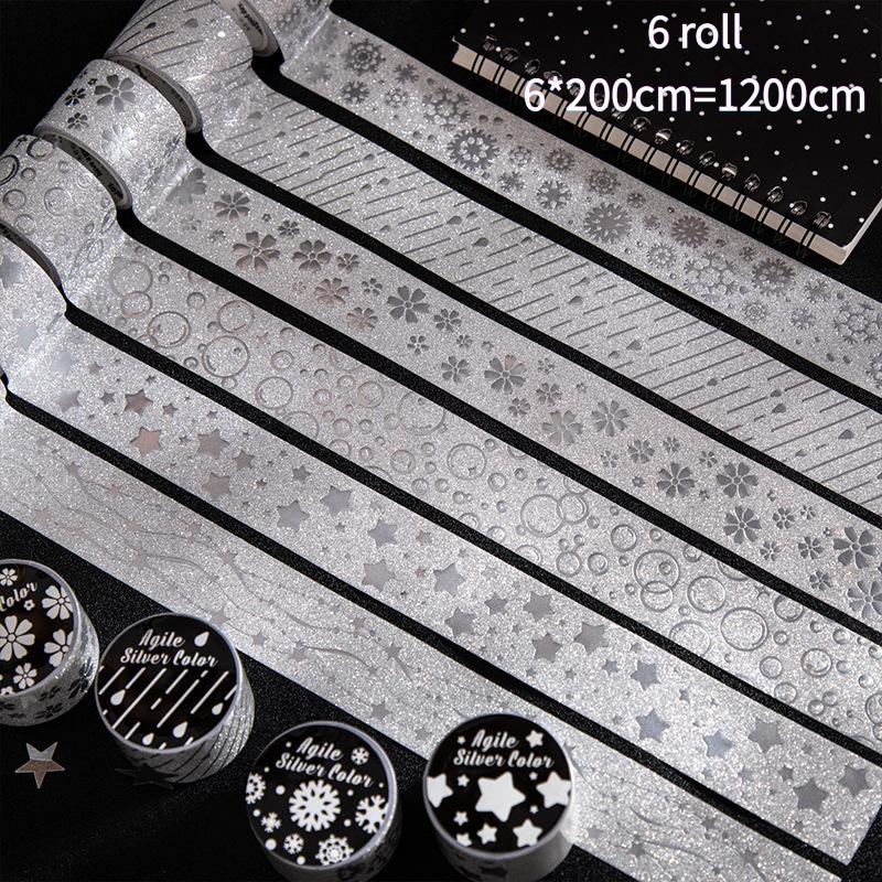 6 volumes/set, vintage stickers, silver versatile decorative patterns, high-value planner DIY decoration materials, self adhesive 6 roll