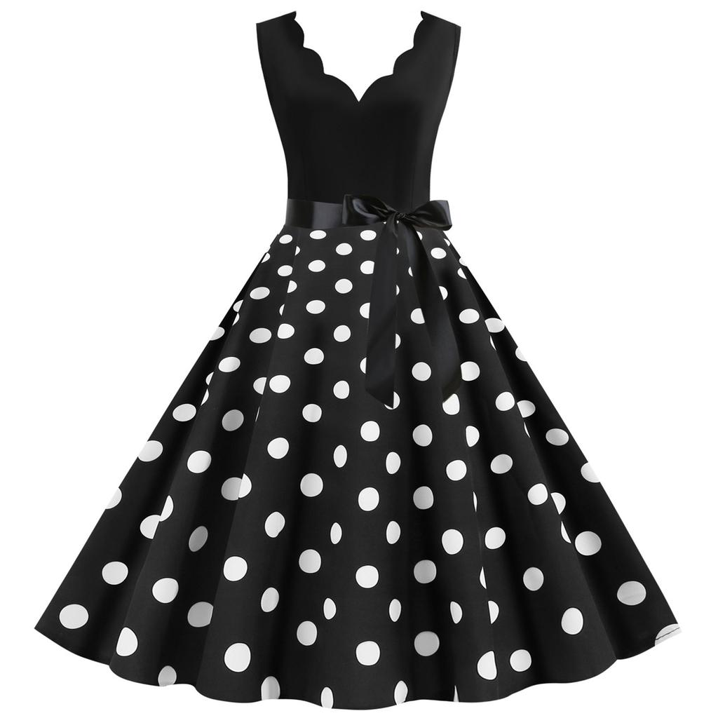 Damska modna sukienka typu swing w stylu retro z dekoltem w szpic i nadrukiem w kropki