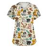 Top da Lavoro da Donna con Scollo a V, Manica Corta, Spacchi Laterali e Tasche, Stampa Animalier, Camice Medico, Vestibilità Comoda