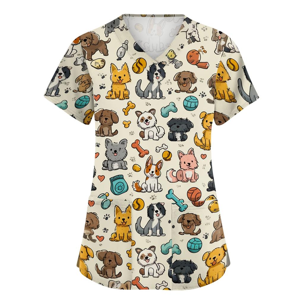 Top da Lavoro da Donna con Scollo a V, Manica Corta, Spacchi Laterali e Tasche, Stampa Animalier, Camice Medico, Vestibilità Comoda