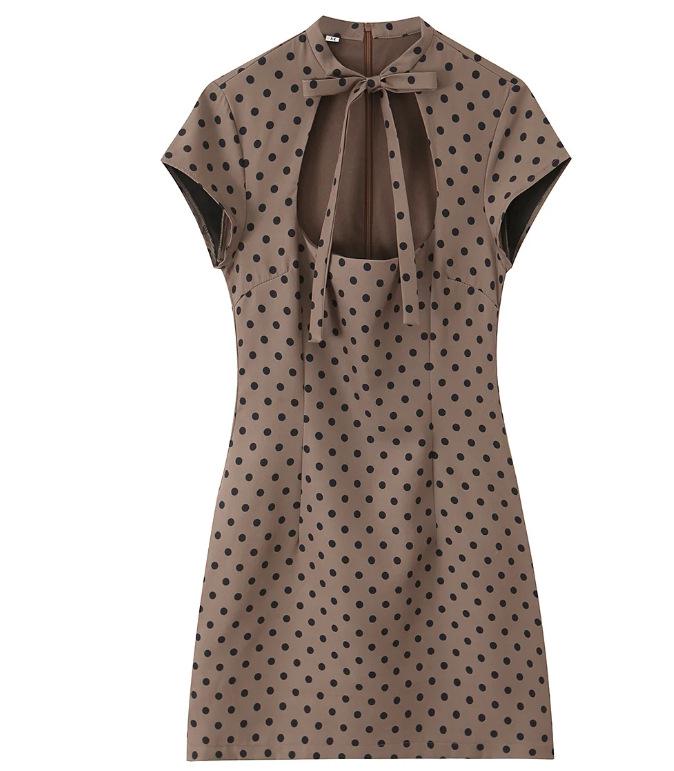 European American Women's Fashion Polka Dot Short Dress with Bow Decoration