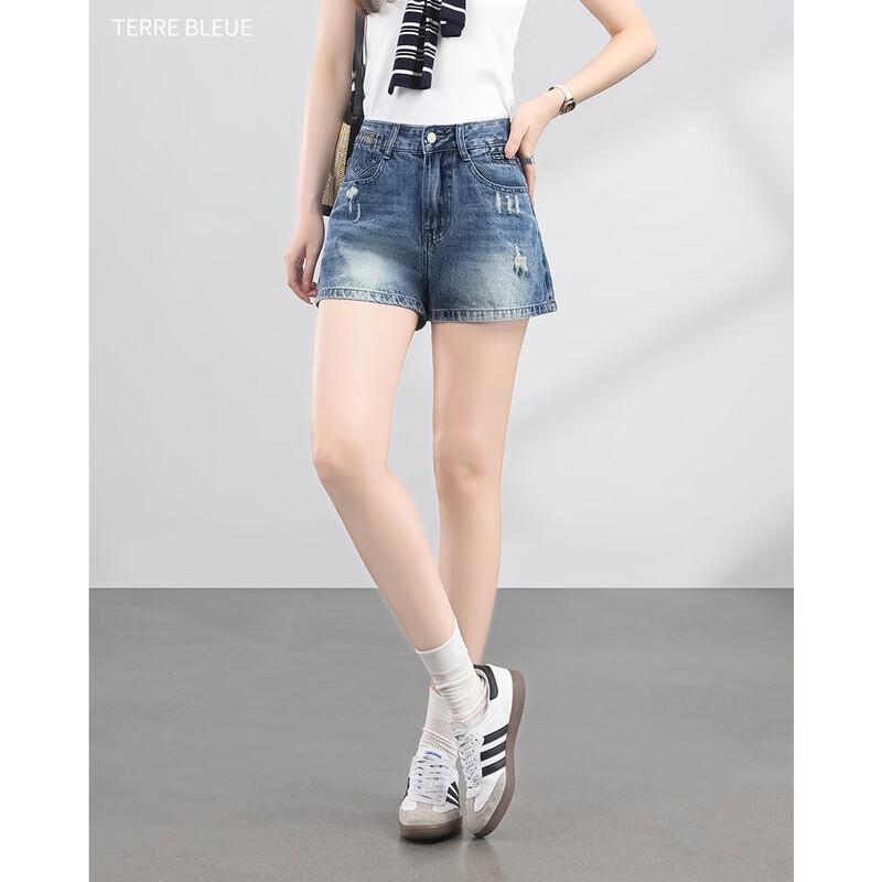 TERRE BLEUE Women's Retro High-Waist Wide-Leg Denim Shorts