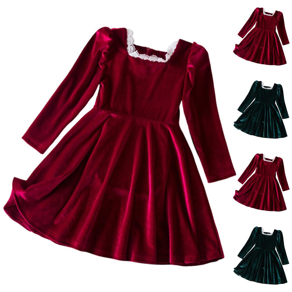 Girls Fashion Cute French Lace Neckline Princess Dress Long Sleeve Solid Color Dresses